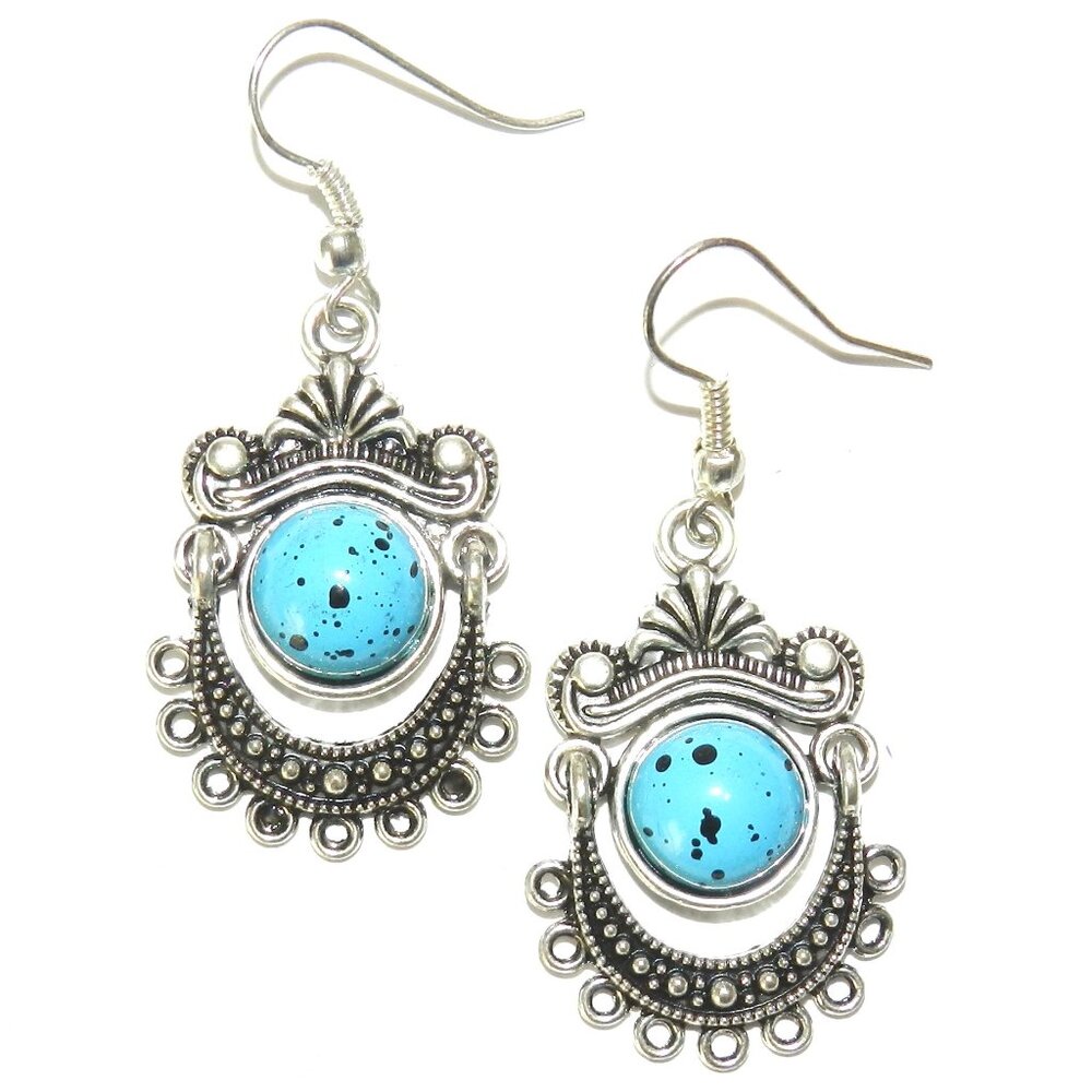 Blue Turquoise Resin Silver Alloy Tibetan Cast Metal Dangle Earrings E360